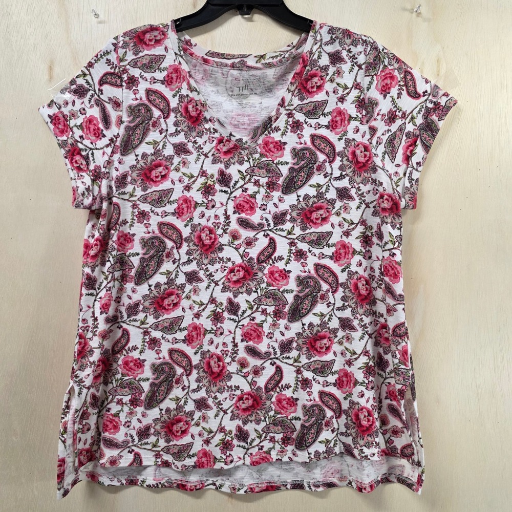 J. Jill Pima Cotton V-Neck Tee Pink Floral Paisley Short Sleeve Large Petite